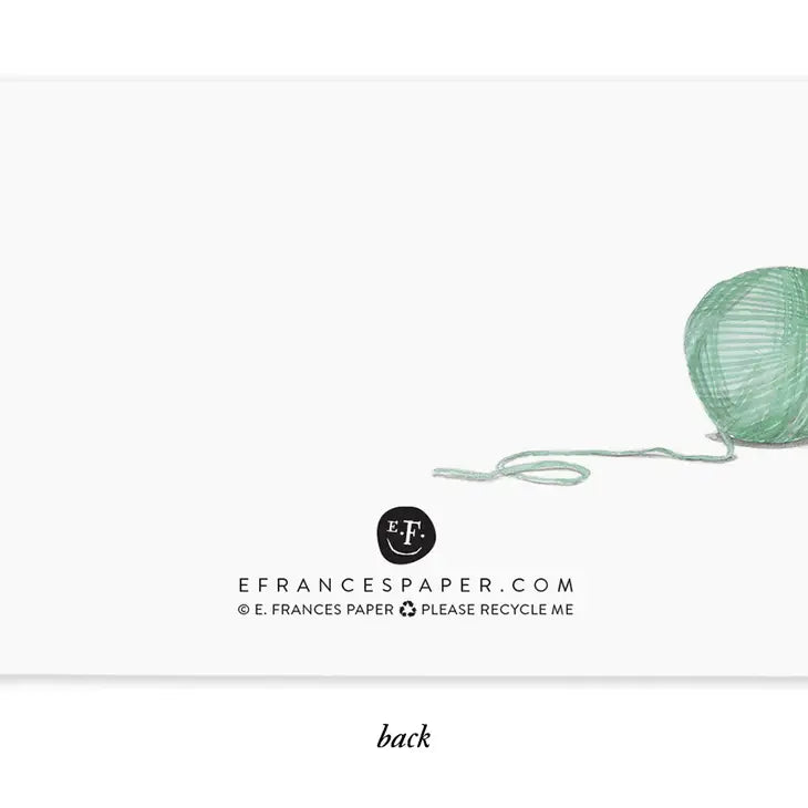 E. Frances Paper digital illustration of a product's back displaying a mint green ball of yarn with a trailing strand, the black E.F. logo, and copyright information including "please recycle me"
