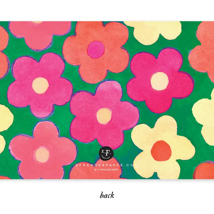 Digital illustration by E Frances Paper featuring a cheerful repeating floral pattern with hot pink, coral, and yellow flowers each with a contrasting center on a deep green background in a hand-drawn style