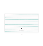 Digital graphic of paper stationery by E. Frances Paper showcasing the back of a white notecard with distressed teal horizontal lines a black E.F. logo and a please recycle me message