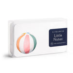 E. Frances Little Notes clear box of cards featuring a watercolor pastel striped beach ball in pink, white, orange, green, and light blue with a dark blue label displaying 'Little Notes' and '(55) USE UNSPARINGLY!'