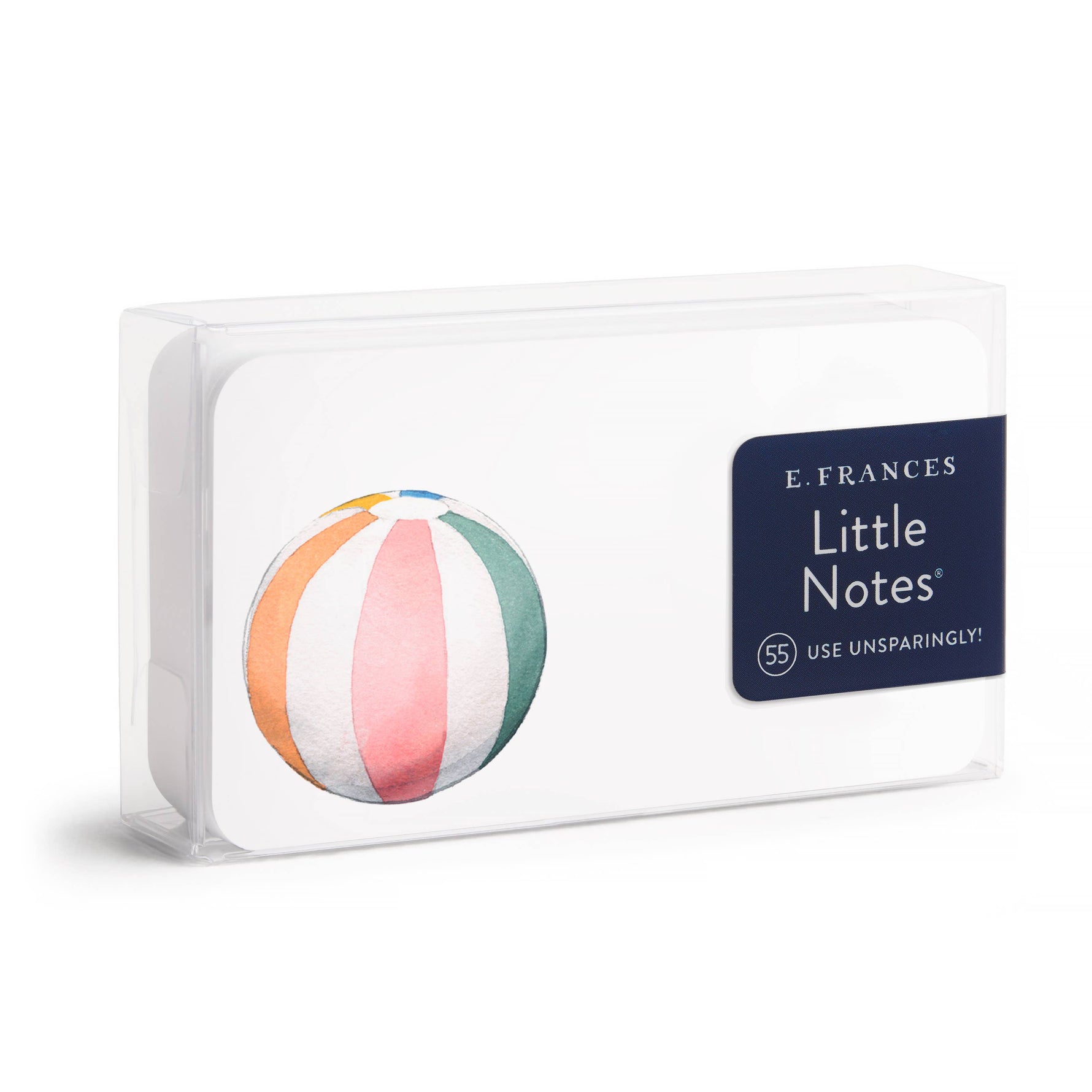 E. Frances Little Notes clear box of cards featuring a watercolor pastel striped beach ball in pink, white, orange, green, and light blue with a dark blue label displaying 'Little Notes' and '(55) USE UNSPARINGLY!'