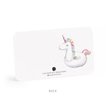 Watercolor illustration by E. Frances Paper of a white unicorn pool float with a rainbow mane and tail and a red and white striped horn on a Little Notes card back