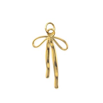 Gold pendant featuring a delicate abstract bow design with a polished, fluid finish and a small top loop