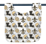 Fabric baby bib featuring a repeating New Orleans Saints sports theme with iconic gold fleurs-de-lis, black Louisiana state outlines, gold football helmets, and brown footballs on a white background hanging from a rod