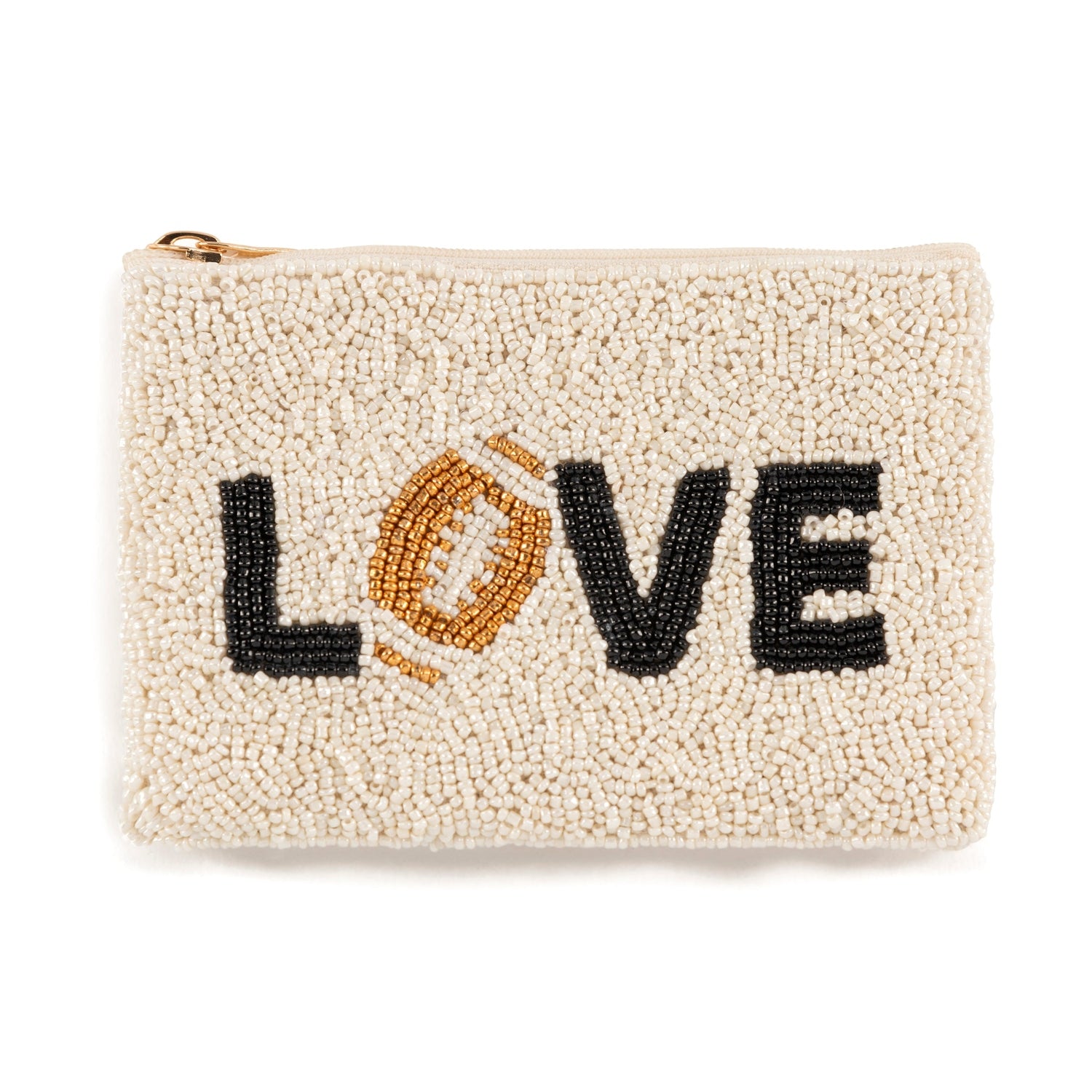 Beaded pouch with white background and the word LOVE in black beads with a gold football replacing the letter O