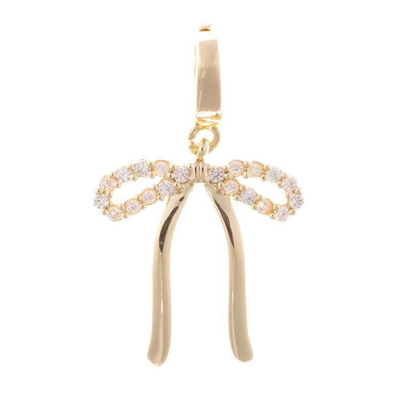 Gold-tone jewelry charm in a delicate bow shape adorned with sparkling pavé-set clear crystals and polished dangling ribbons suspended from a small circular hoop