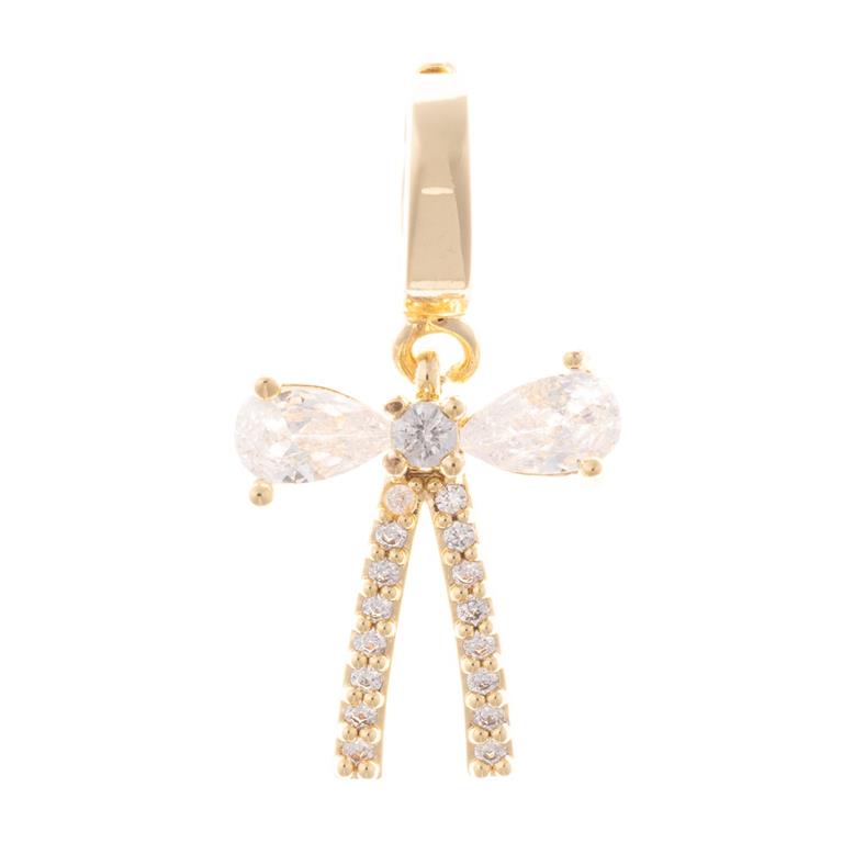 Gold-toned bow charm with two brilliant teardrop cubic zirconia stones and pavé-set round stones forming a V-design