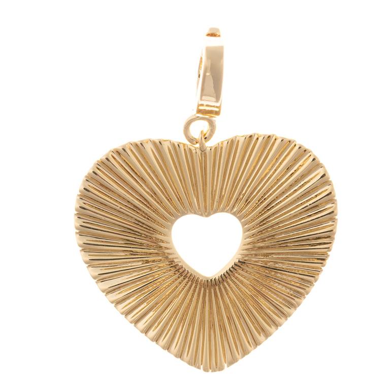 Gold-toned metal charm of a heart with a central heart-shaped cutout and radiating sunburst texture