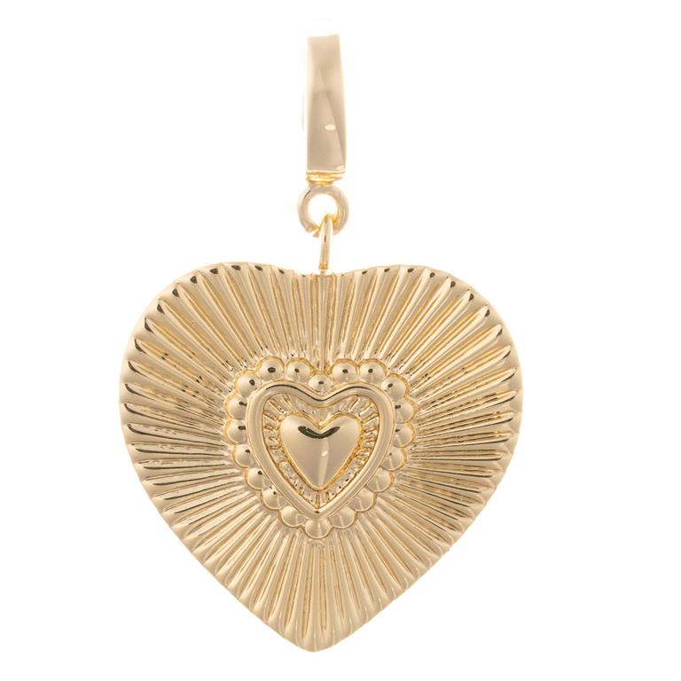 Gold heart charm featuring a sunburst design emanating from a central smaller embossed heart with a decorative beaded edge and a top clasp