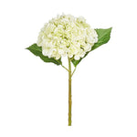 A single artificial white hydrangea flower with delicate light green and white clustered petals, prominent deep green leaves, and a textured brown stem