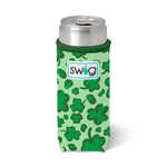 Swig product image featuring a tall green can koozie patterned with multiple shades of shamrocks and clovers, holding a silver beverage can, and displaying the Swig logo on a white background