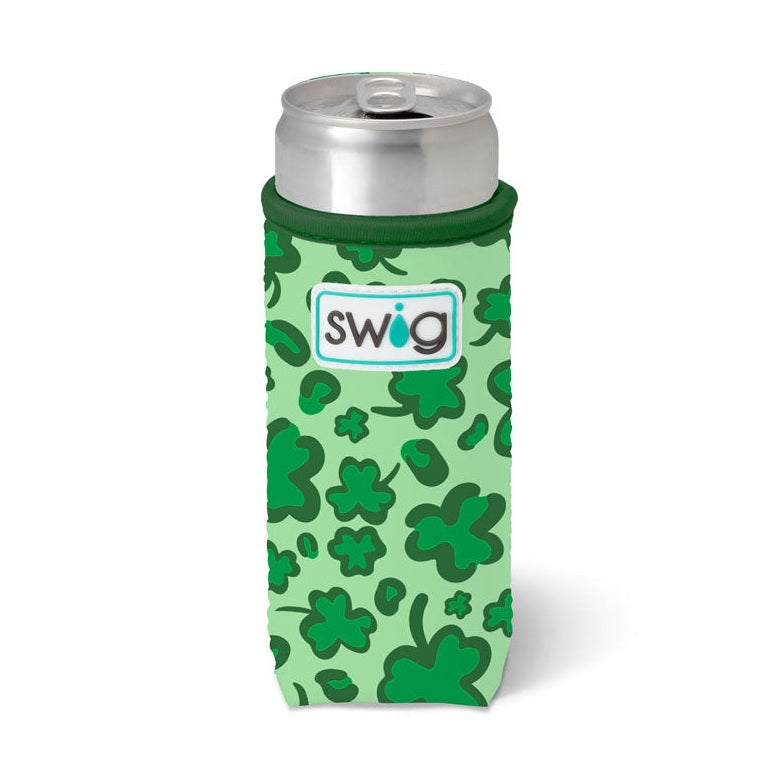Swig product image featuring a tall green can koozie patterned with multiple shades of shamrocks and clovers, holding a silver beverage can, and displaying the Swig logo on a white background