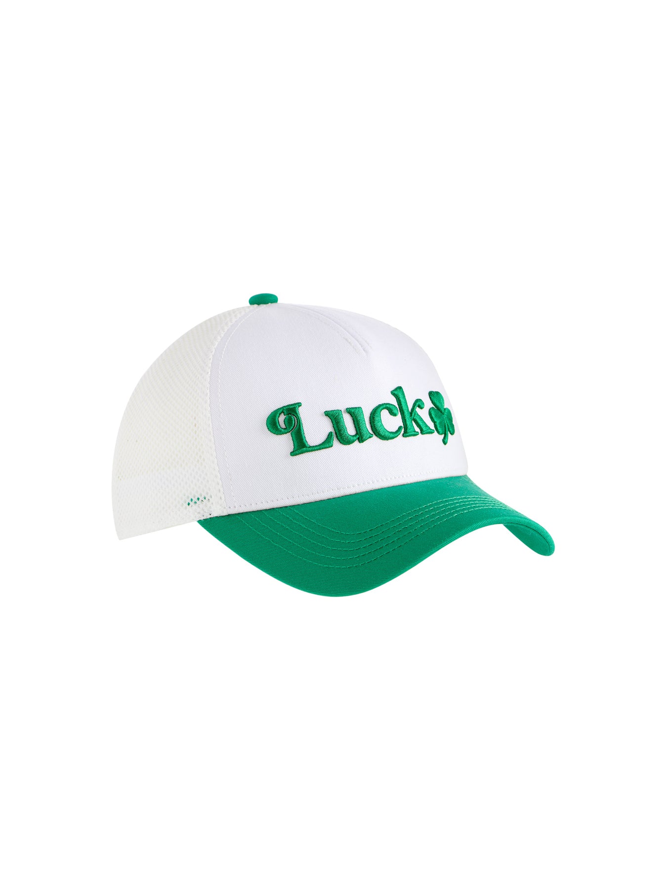 White and green trucker hat with Lucky embroidered in green on the front
