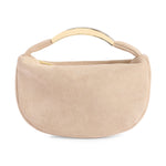 Beige suede crescent handbag with a gold metal top handle