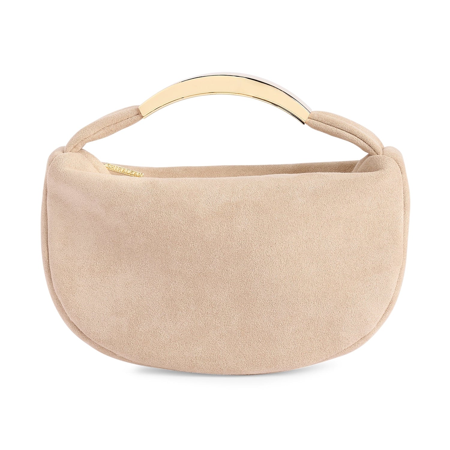 Beige suede crescent handbag with a gold metal top handle