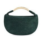 Dark green suede crescent handbag with a gold metal arched handle