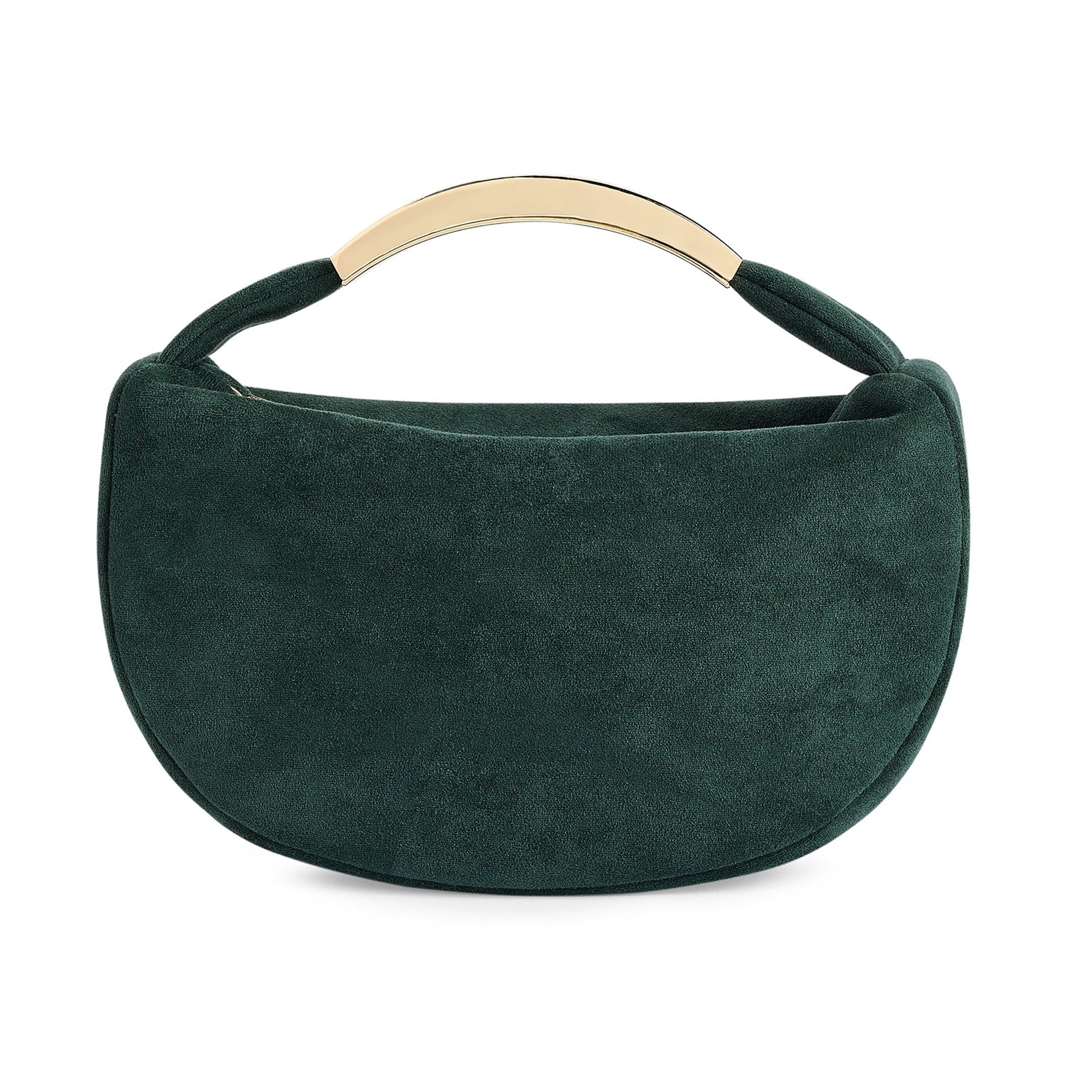 Dark green suede crescent handbag with a gold metal arched handle