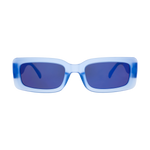 Blue sunglasses with a gradient effect on a white background
