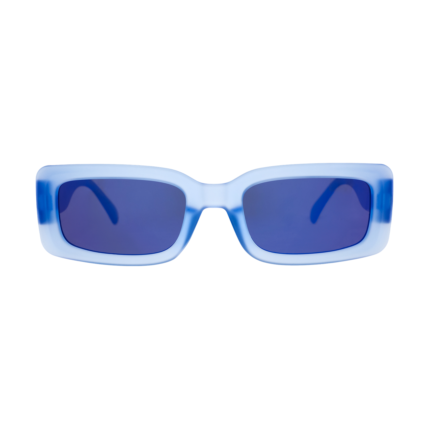 Blue sunglasses with a gradient effect on a white background
