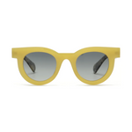 Yellow sunglasses with gray lenses on a white background