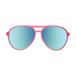 Aviator style sunglasses featuring a vibrant hot pink frame and brilliant sky blue mirrored lenses