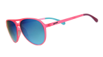 Product Photography goodr sunglasses featuring a vibrant neon pink aviator frame blue mirrored lenses teal temple accents and dark purple ear tips