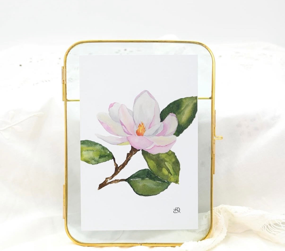 Watercolor painting by BD of a pink and white magnolia flower with a yellow center and vibrant green leaves on a brown branch, elegantly displayed in an antique gold-framed glass float frame against a soft white lace background