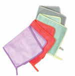A set of four folded microfiber cleaning cloths in lavender, coral, mint green, and grey with hanging loops on a white background