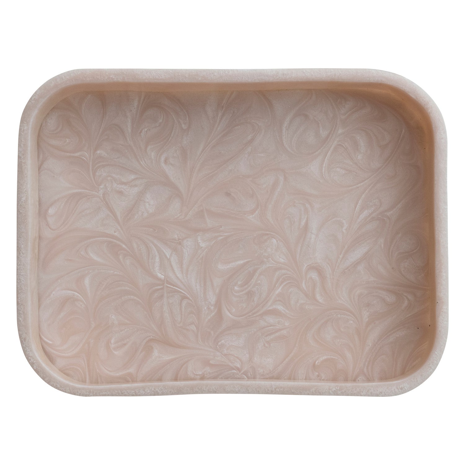 Light pink rectangular resin tray with rounded corners displaying a shimmering pearlescent swirled marble effect