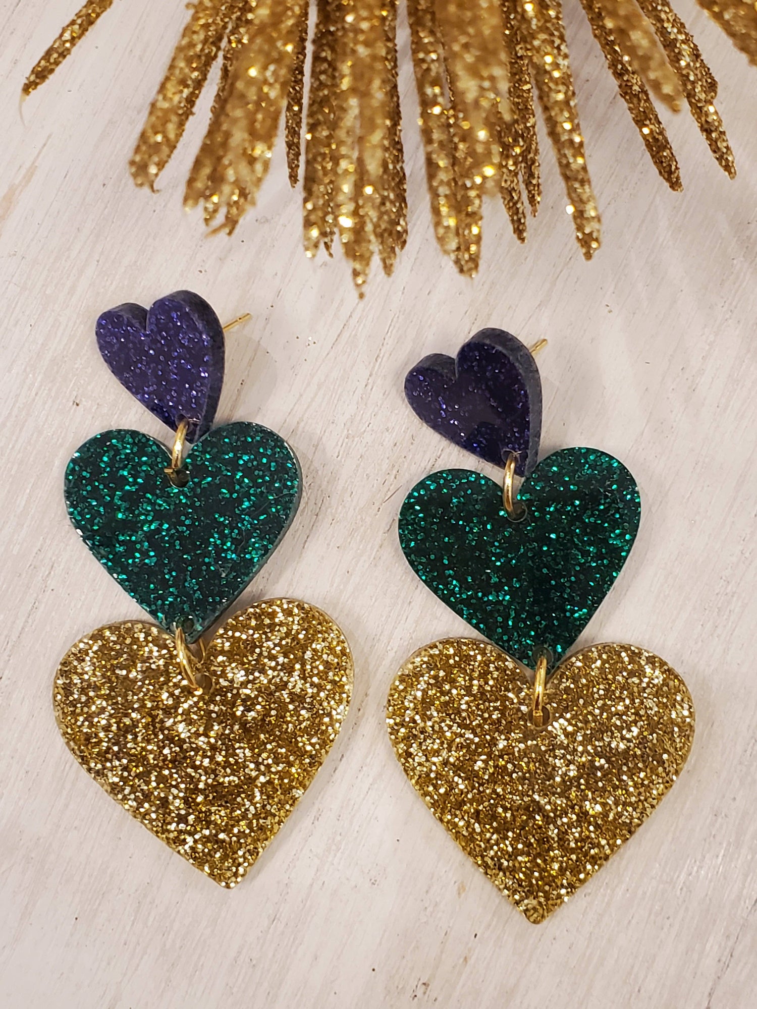 Mardi Gras 3 Heart Earrings