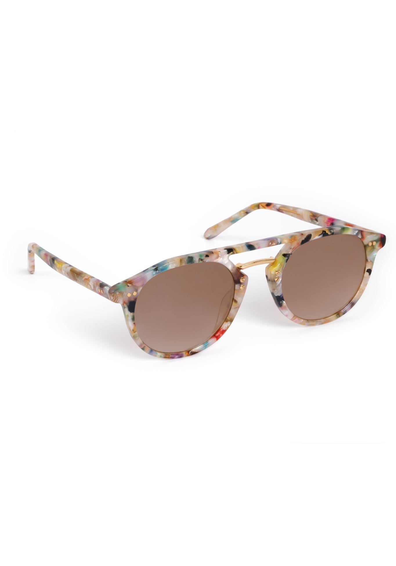 A pair of stylish sunglasses on a white background, featuring a vibrant multicolored speckled frame, brown gradient lenses, and subtle gold-tone hardware