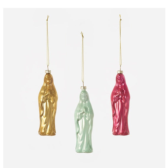 Three glass Virgin Mary Christmas ornaments in gold mint and pink