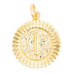 Gold charm featuring a round disc with a prominent uppercase letter I centered on a hammered background surrounded by a fluted border and a polished bail