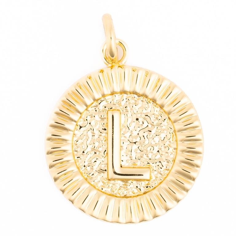 Gold circular initial pendant featuring the letter L on a hammered textured background with a shiny fluted border and a small top bail
