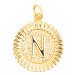 Shiny gold initial N pendant featuring a circular ribbed border and a hammered textured center on a white background