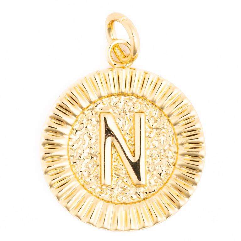 Shiny gold initial N pendant featuring a circular ribbed border and a hammered textured center on a white background