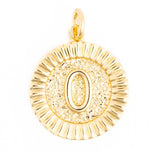 Gold-plated metal initial O pendant featuring a textured base, smooth raised letter O, and ridged outer edge, with an attached top bail