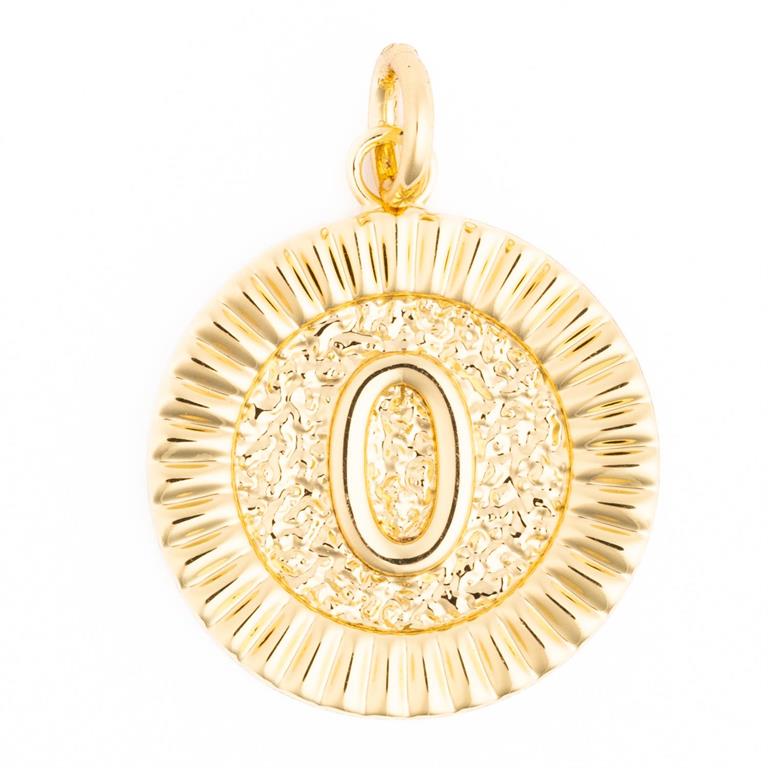 Gold-plated metal initial O pendant featuring a textured base, smooth raised letter O, and ridged outer edge, with an attached top bail