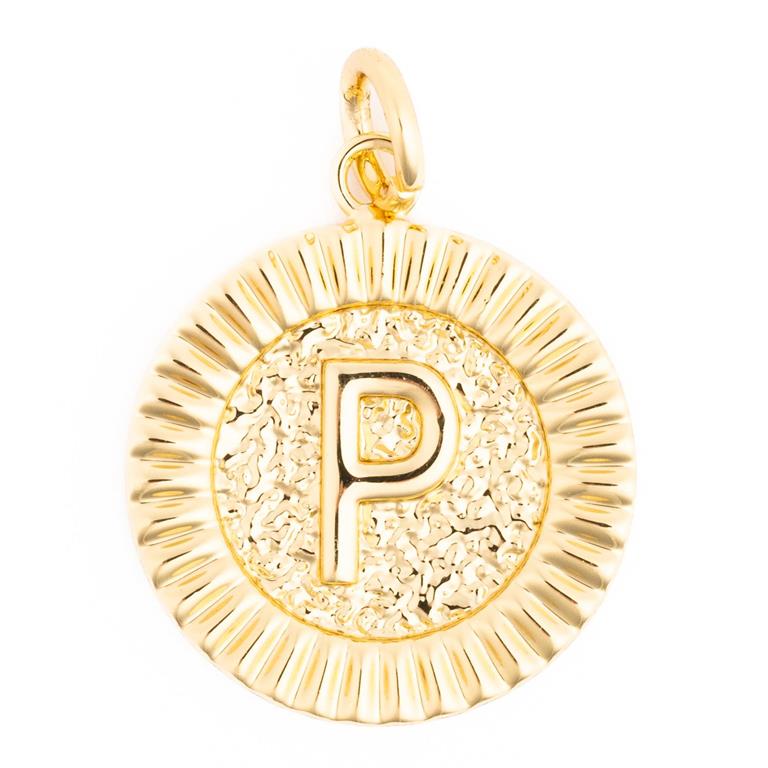 Gold circular pendant featuring a raised letter P on a hammered texture surrounded by a fluted border with a small bail at the top