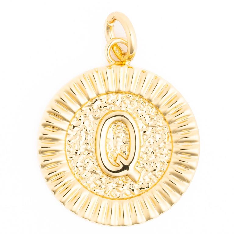 Golden circular pendant featuring a prominent letter Q, with a hammered texture center and a distinct fluted border