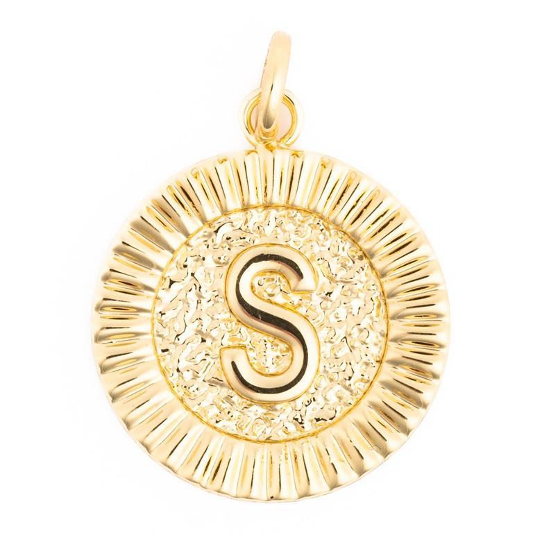 Gold pendant featuring a round initial S in shiny yellow gold with a textured center, radiant fluted border, and polished bail