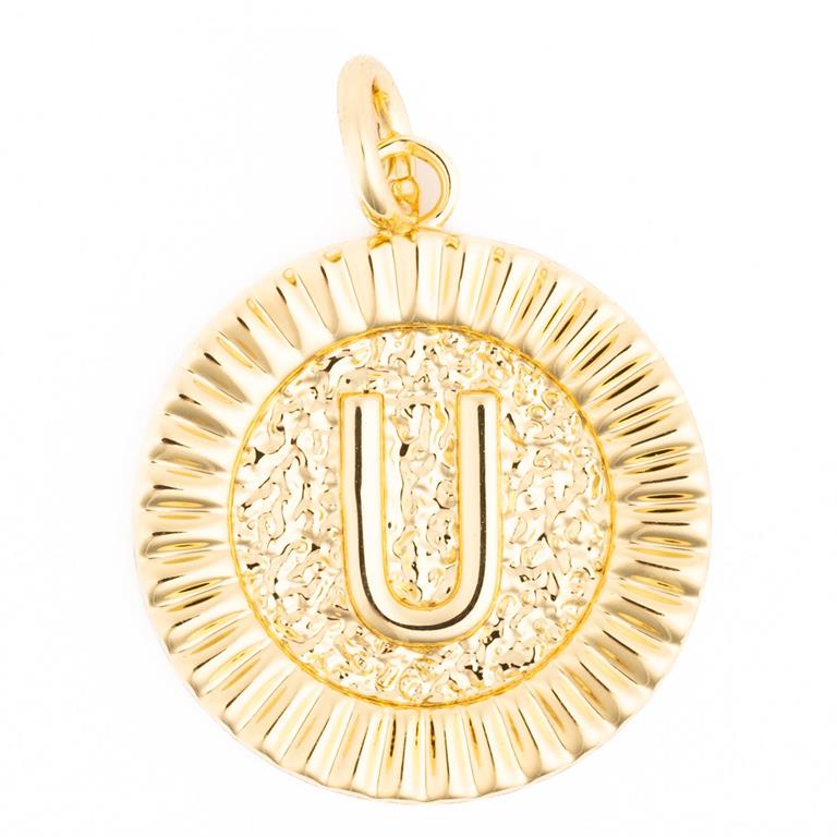 A shiny golden circular pendant featuring a prominent letter U with a hammered texture background and a radial ridged border