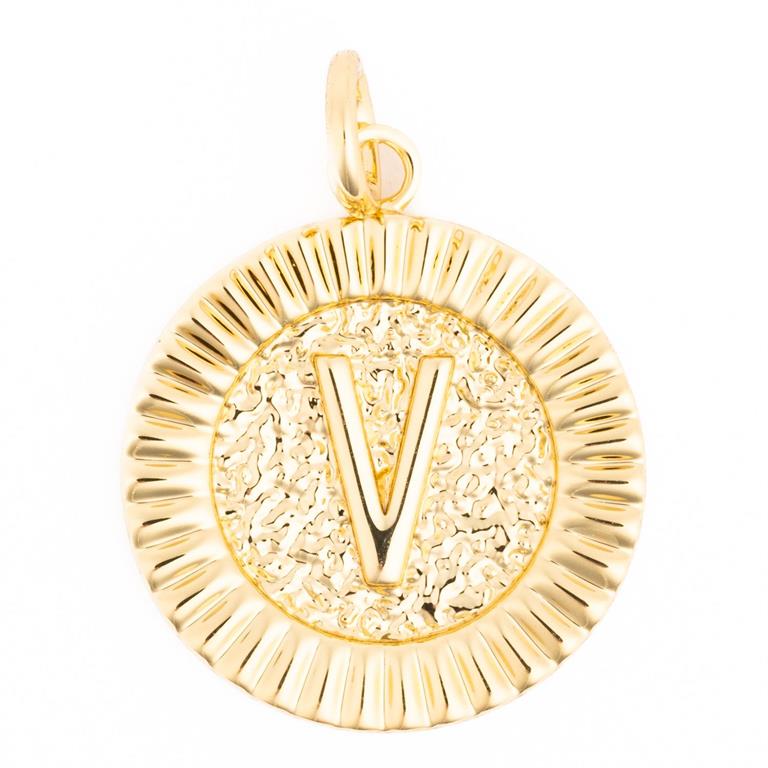 Gold circular medallion pendant featuring an embossed letter V on a textured background with a fluted border and a bail