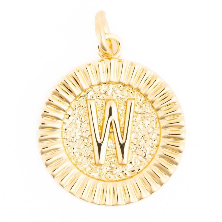 Gold charm featuring a shiny capital W on a textured circular disc with a ribbed border