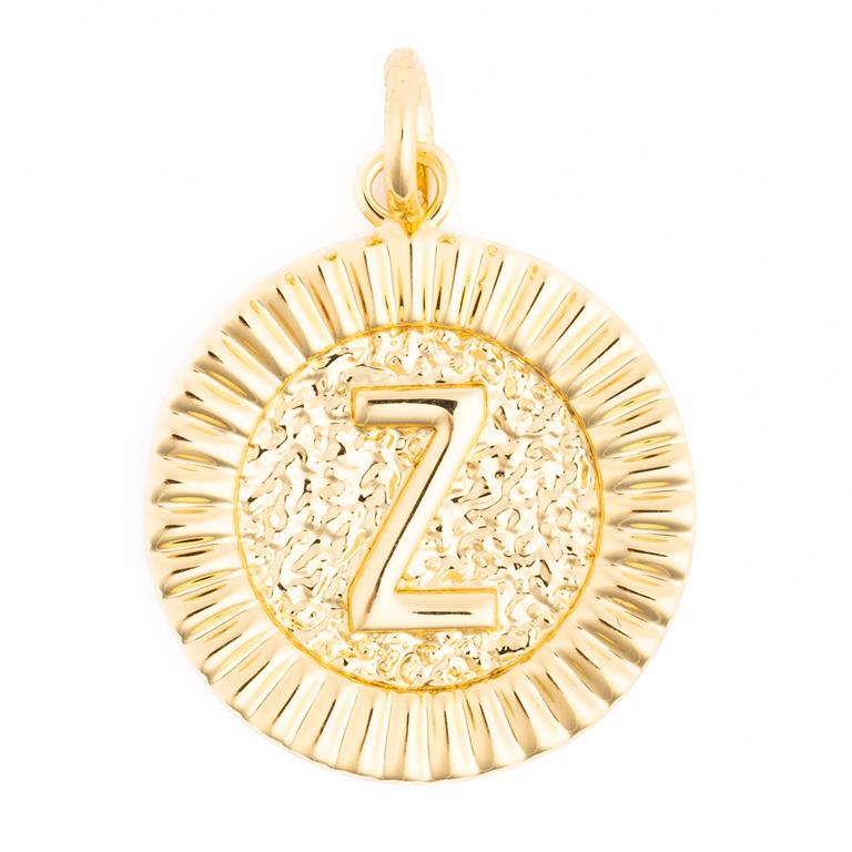Gold round pendant featuring a capital letter Z on a stippled center background with a fluted sunburst border and small bail loop
