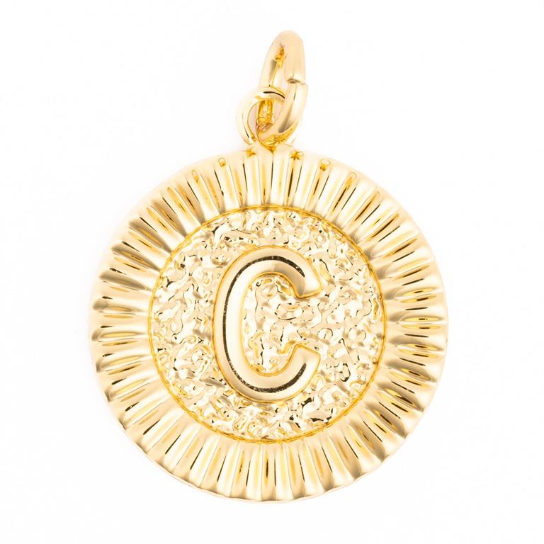 A circular gold initial C pendant featuring an embossed capital C on a textured background surrounded by a fluted outer border with a small attached bail