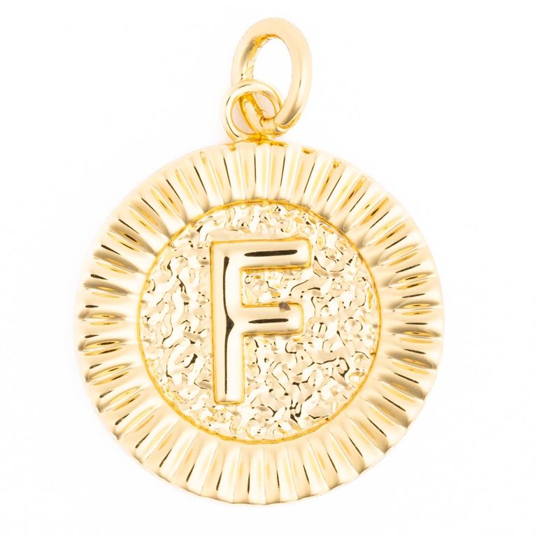 Gold metal charm featuring a prominent letter F with a textured hammered inner circle and a fluted rayed border