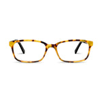 Rectangular tortoise shell eyeglasses featuring amber and brown patterns with clear lenses and black temple arms
