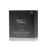 A sleek black Spongellé Homme Buffer with Built-in Body Wash box featuring an embossed BOLD logo, "12+ washes", and "scrub cleanse hydrate" text reflected on a white surface