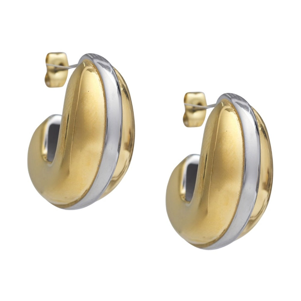 A pair of chunky polished two-tone gold and silver C-shaped hoop earrings